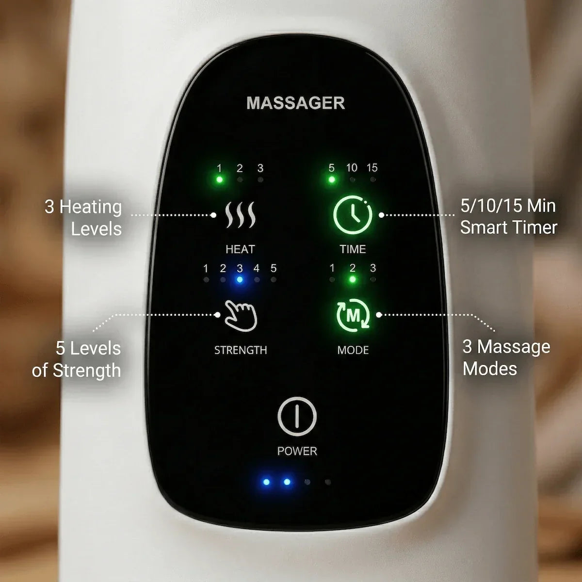 Elevaure air compression hand massager control panel — 3 heat levels, 5 strength settings, session timer for office desk use