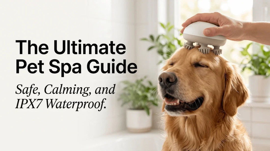A golden retriever enjoying a relaxing head massage with the Elevaure waterproof electric scalp massager.