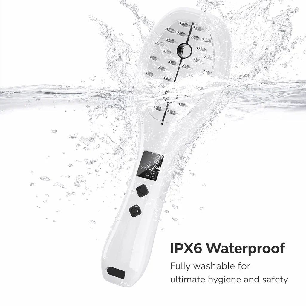 Elevaure IPX6 waterproof scalp massage comb — EMS microcurrent and LED phototherapy for hair follicle stimulation.