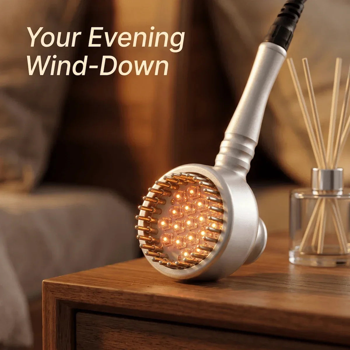Elevaure LED photon therapy and BIO microcurrent handle on bedside nightstand — daily skin rejuvenation routine for collagen synthesis and facial toning.