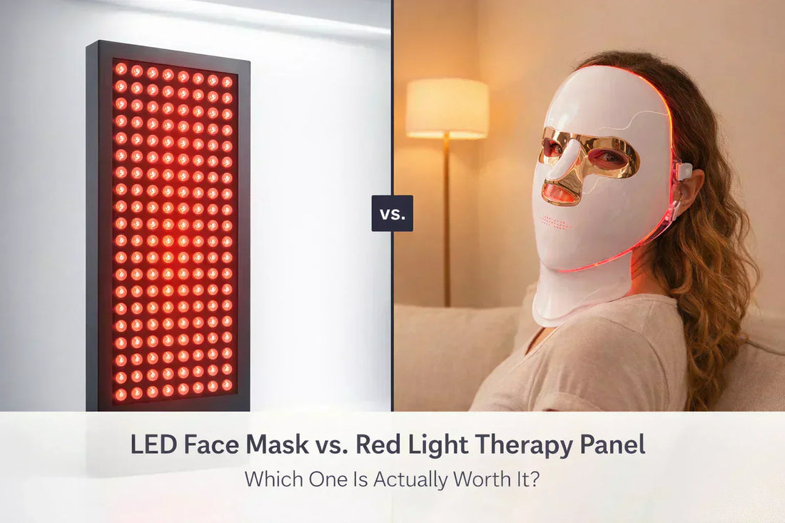 Side-by-side comparison of a deep red light therapy panel with intense radiance on the left and a woman relaxing at home wearing the white and gold Elevaure LED face and neck mask on the right, for an anti-aging routine guide.