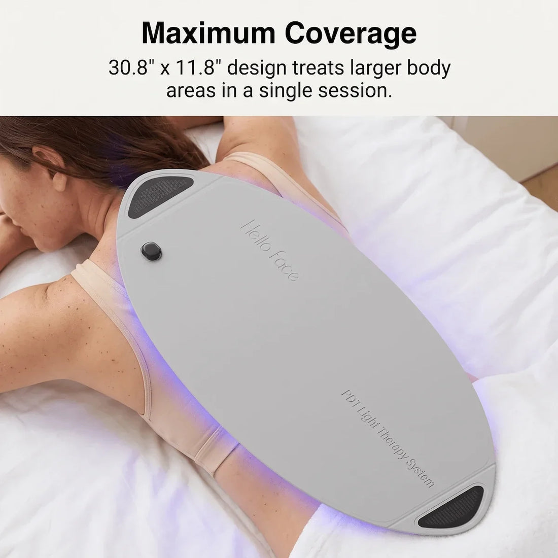 Elevaure flexible LED wrap covering the full back of a woman for light therapy.