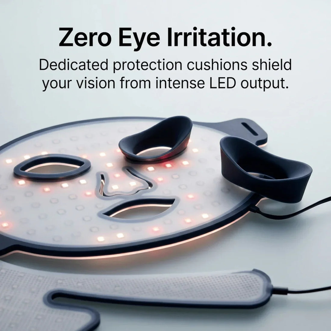 Macro photography of the Elevaure LED mask showing precise LED bulb alignment and built-in silicone eye protection cushions — emphasizing the safety engineering of the device.