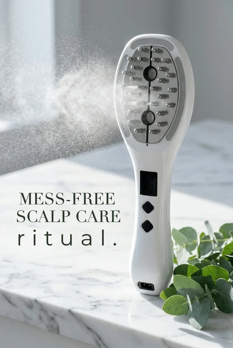 Elevaure micro-mist atomizing scalp comb releasing fine serum spray — direct follicle delivery bypassing hair shaft barrier