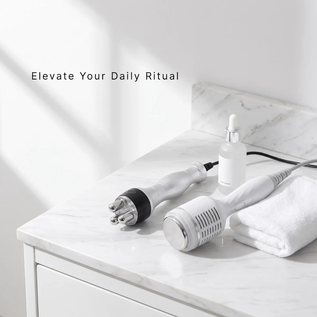 Woman performing morning face RF skin tightening routine with Elevaure tripolar face handle — collagen remodeling and jawline tightening at home.