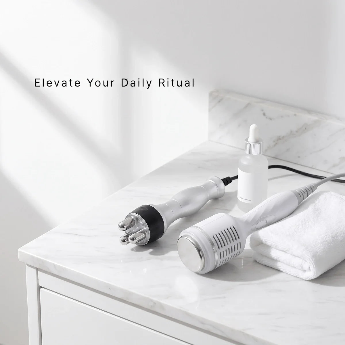 Woman performing morning face RF skin tightening routine with Elevaure tripolar face handle — collagen remodeling and jawline tightening at home.