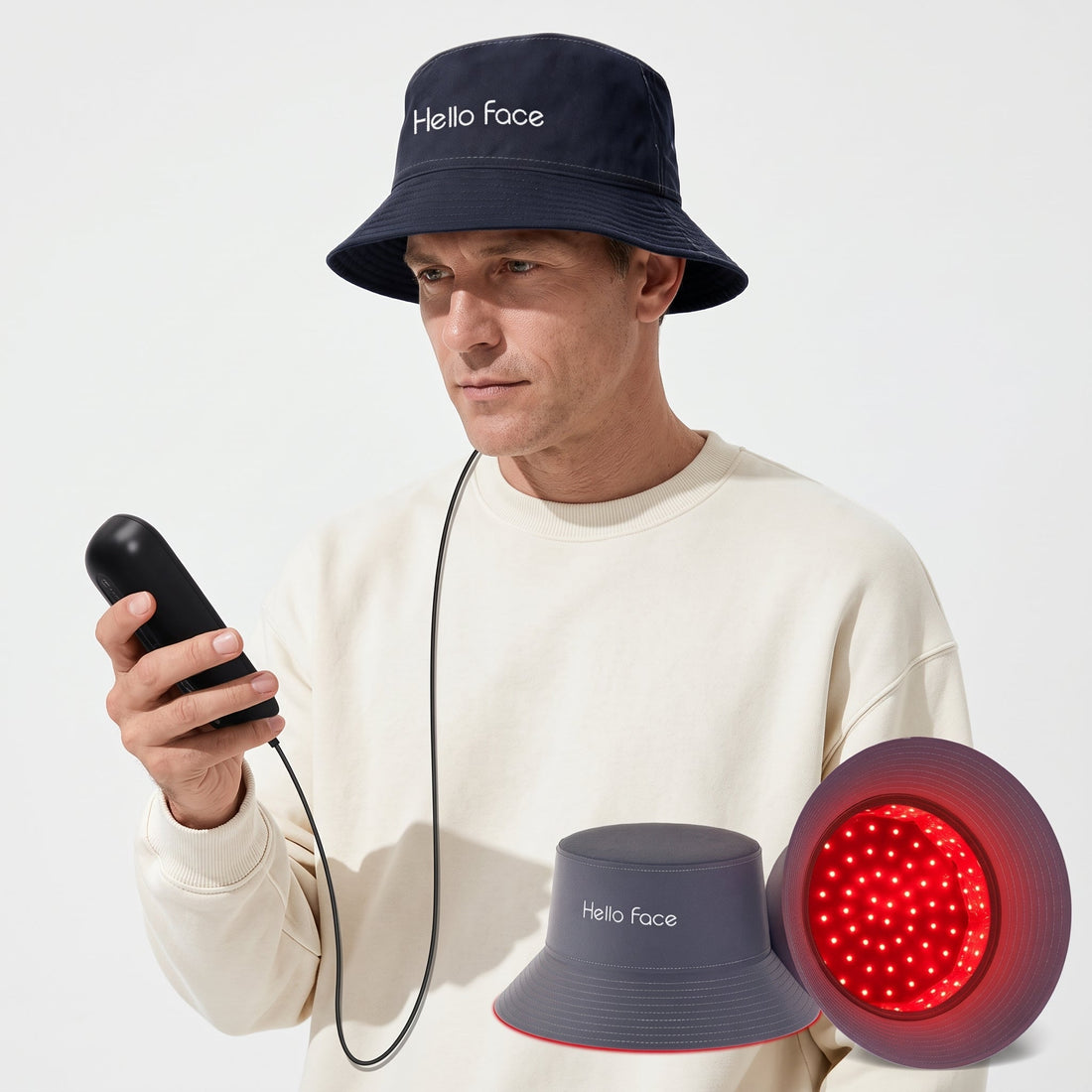 Mature man holding smart controller demonstrating photobiomodulation scalp therapy cap