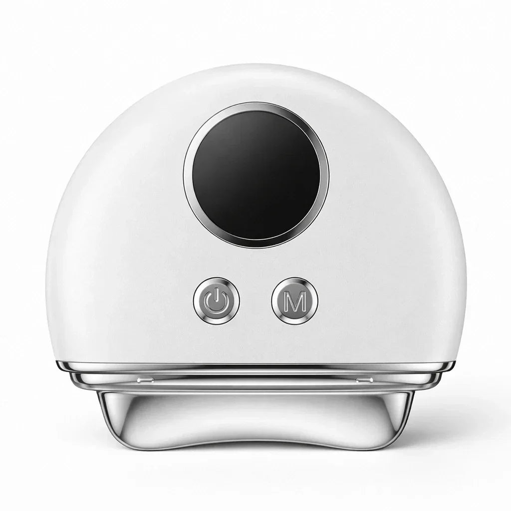 REVITALIZE PRO 4-in-1 EMS face massager in white — smart LCD display, zinc alloy probe, Type-C rechargeable