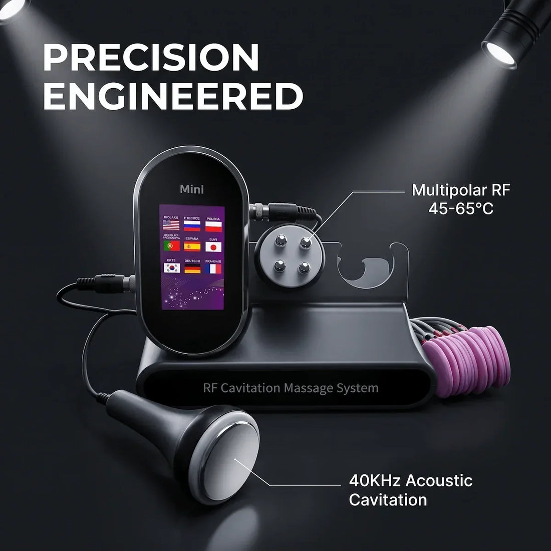 Elevaure RF Cavitation Massage System showing multipolar RF handpiece at 45–65°C and 40KHz acoustic cavitation handpiece — the complete 4-in-1 home body contouring system.