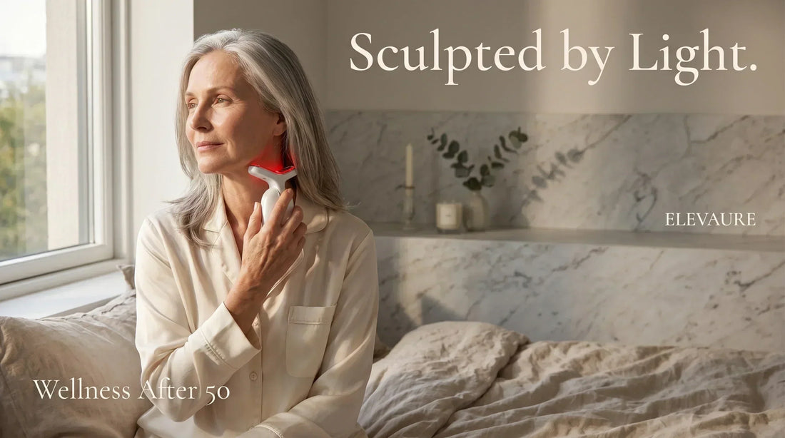 Woman over 50 using ELEVAURE RF neck sculpting device in a bright morning bedroom setting — at-home wellness routine