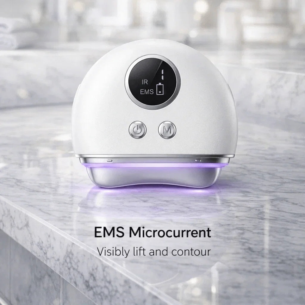 EMS microcurrent facial massager emitting violet light for lymphatic drainage and skin renewal