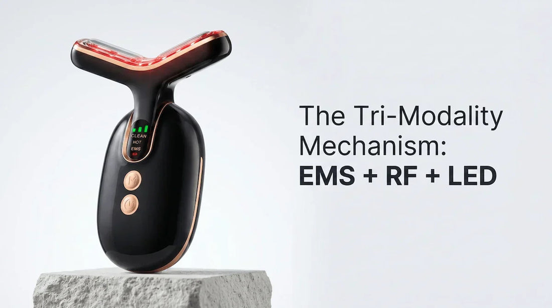 Close-up of a clinical-grade facial sculpting device highlighting its zinc alloy massage nodes and red LED light therapy function.