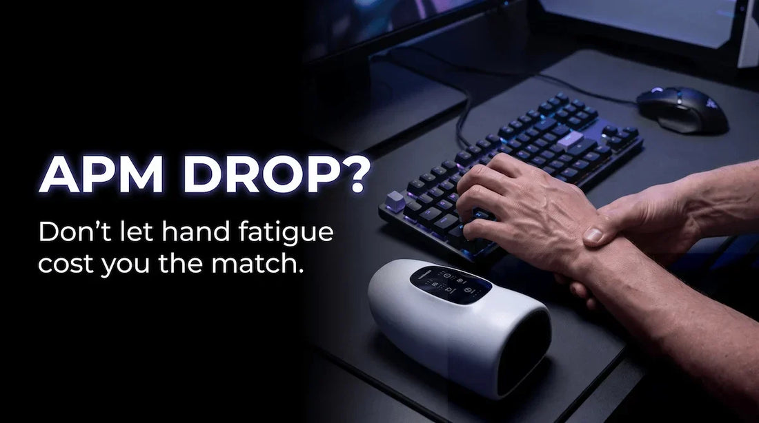 PC gamer experiencing hand fatigue and wrist pain during high APM competitive match.