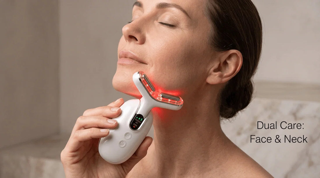 Woman using a dual-action skin tightening device on her jawline, bridging the face and neck.