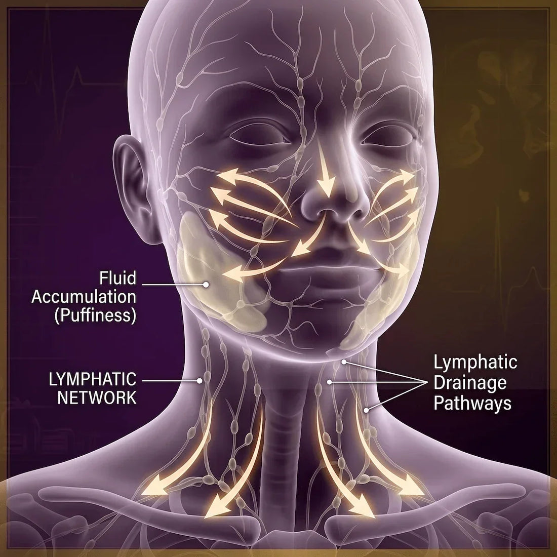 Facial lymphatic drainage pathways for puffiness relief — how vibration therapy outperforms manual massage for at-home lymphatic drainage.