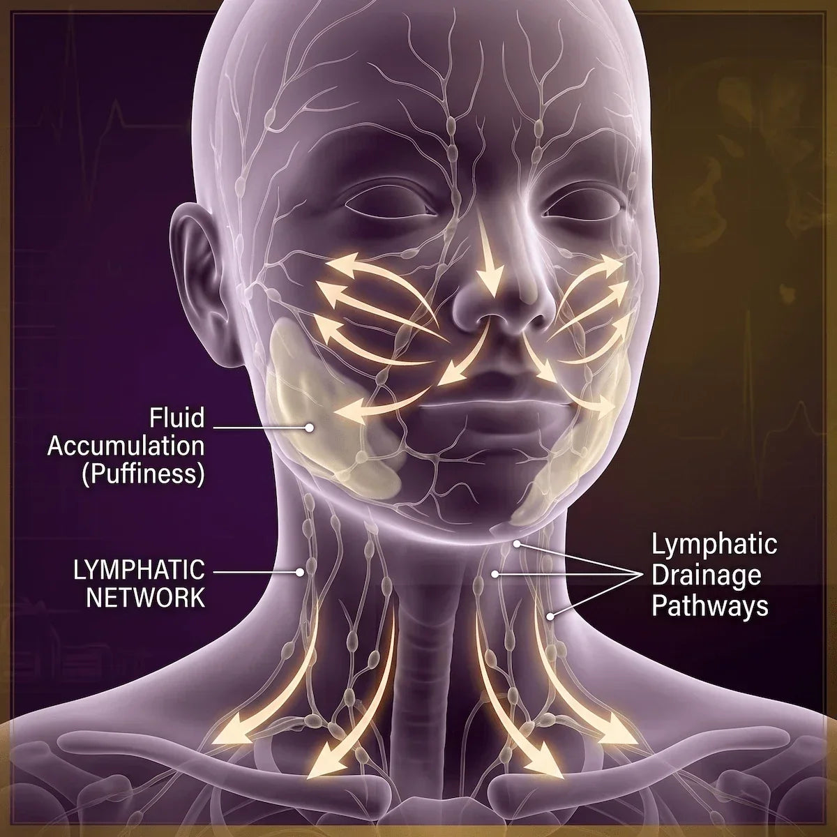Facial lymphatic drainage pathways for puffiness relief — how vibration therapy outperforms manual massage for at-home lymphatic drainage.
