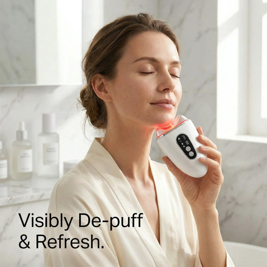 Woman using ELEVAURE facial massager with blue LED light for acne and depuffing treatment
