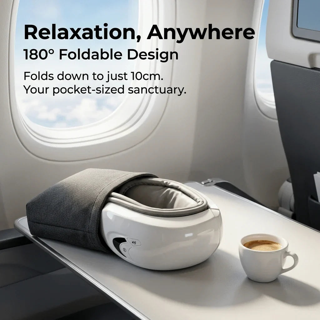 Foldable ELEVAURE portable air compression eye massager packed for travel — cordless, rechargeable, 180° foldable design
