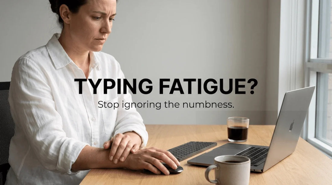 Office worker massaging sore wrist and experiencing hand numbness from typing at desk.