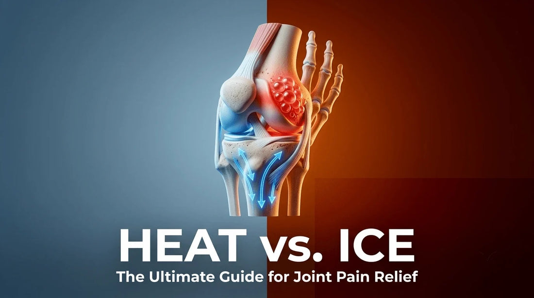Split image showing blue for ice and orange for heat to represent the choice between cold and heat therapy for joint pain.