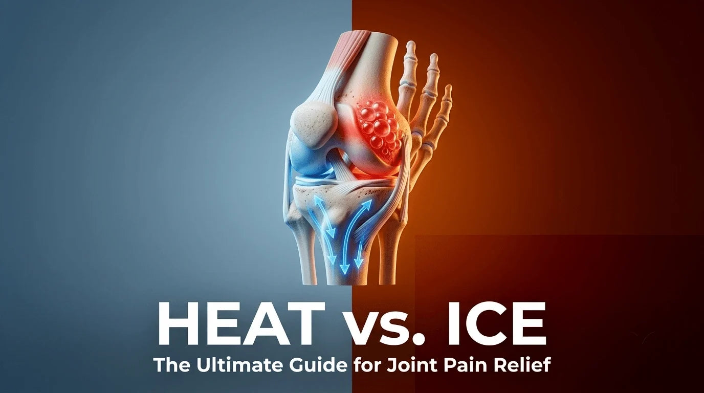 Split image showing blue for ice and orange for heat to represent the choice between cold and heat therapy for joint pain.