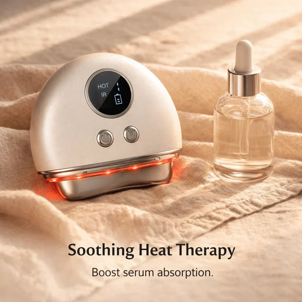 Heated face massager boosting serum absorption — thermal heat at 98.6–122°F opens pores for deeper penetration