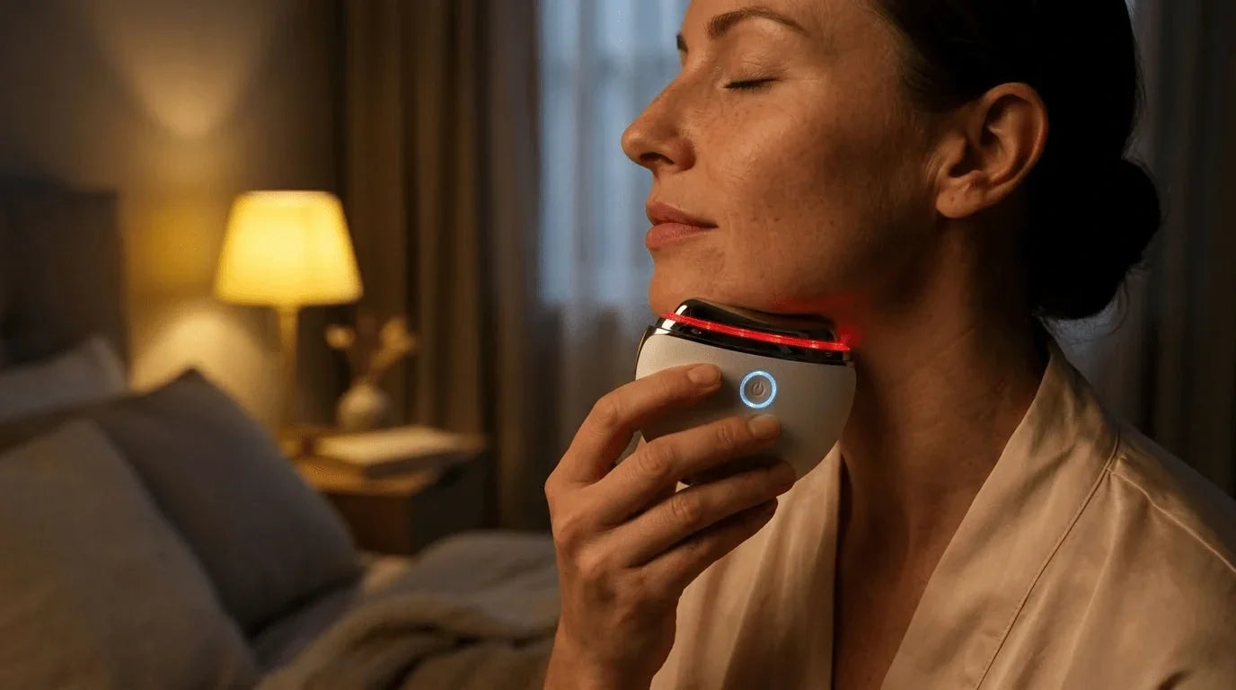 Electric gua sha massager evening routine — comparing at-home microcurrent device results vs professional facial treatments.