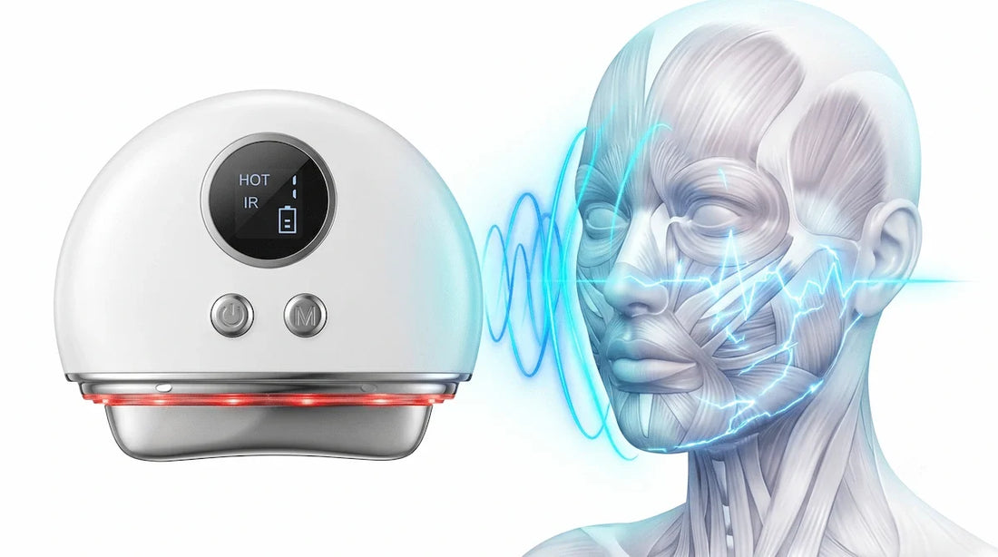 Illustration of EMS microcurrent technology stimulating facial muscles with the REVITALIZE PRO device.