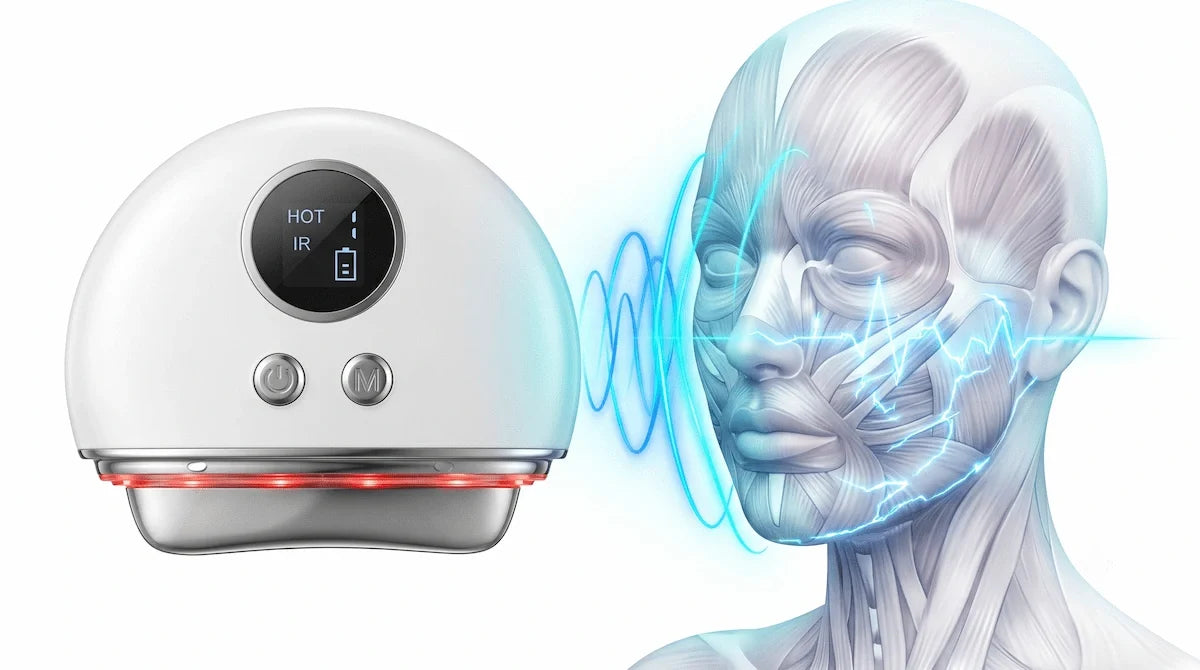 Illustration of EMS microcurrent technology stimulating facial muscles with the REVITALIZE PRO device.