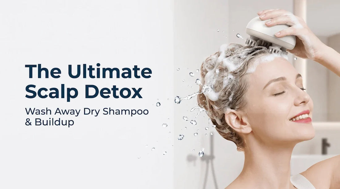 Woman using an IPX7 waterproof electric scalp massager in the shower to deeply cleanse and remove product buildup.