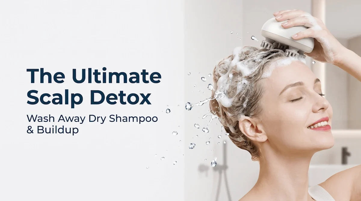 Woman using an IPX7 waterproof electric scalp massager in the shower to deeply cleanse and remove product buildup.