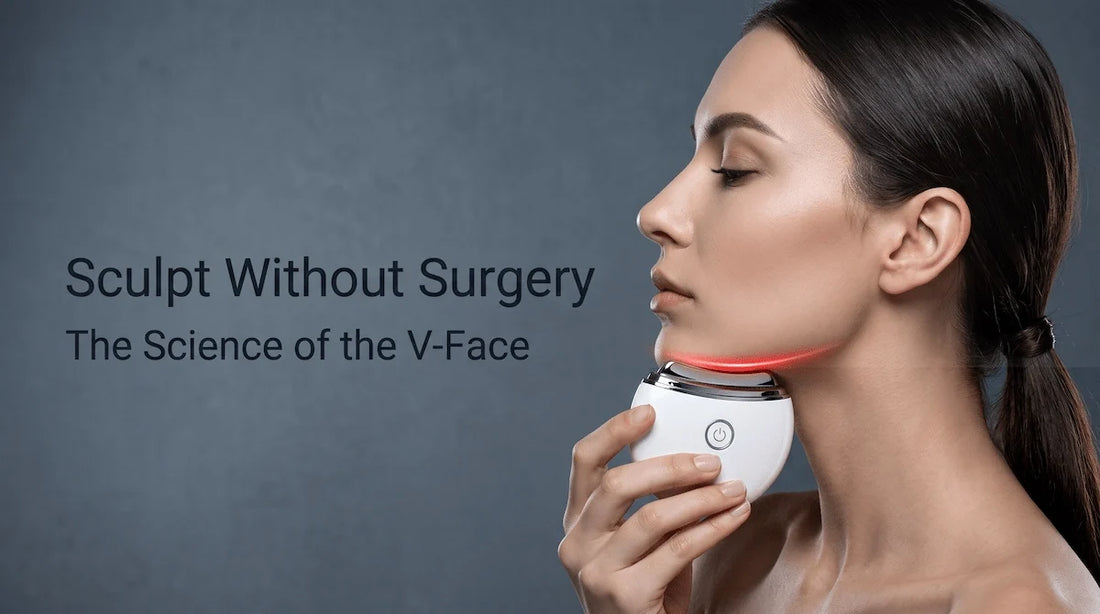 Woman sculpting a defined jawline at home using the Elevaure electric gua sha massager, a non-surgical alternative to fillers.