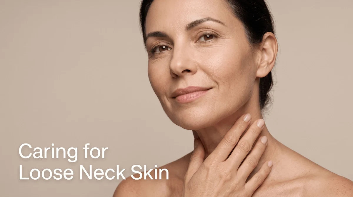 Elegant mature woman gently touching her neck, representing care for loose neck skin.