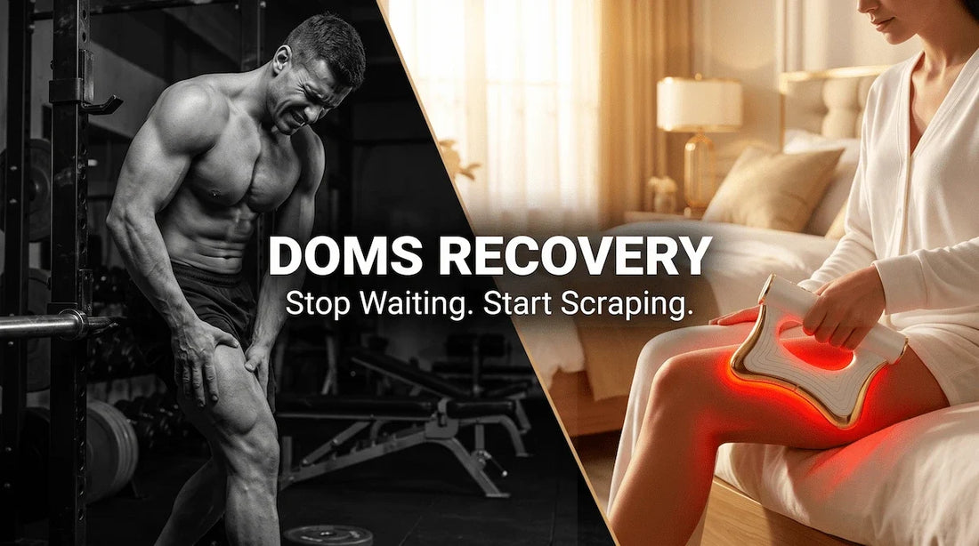 Athlete treating delayed onset muscle soreness with Elevaure heated electric muscle scraper.