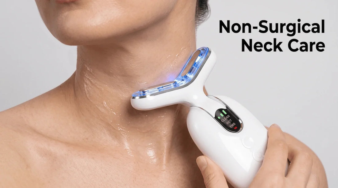 Upward gliding motion of an RF device on the neck as a non-surgical cosmetic care option.