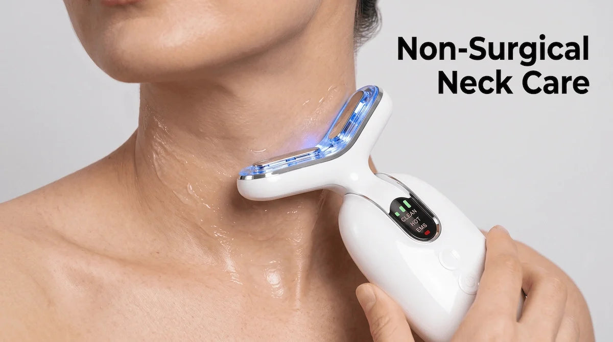 Upward gliding motion of an RF device on the neck as a non-surgical cosmetic care option.