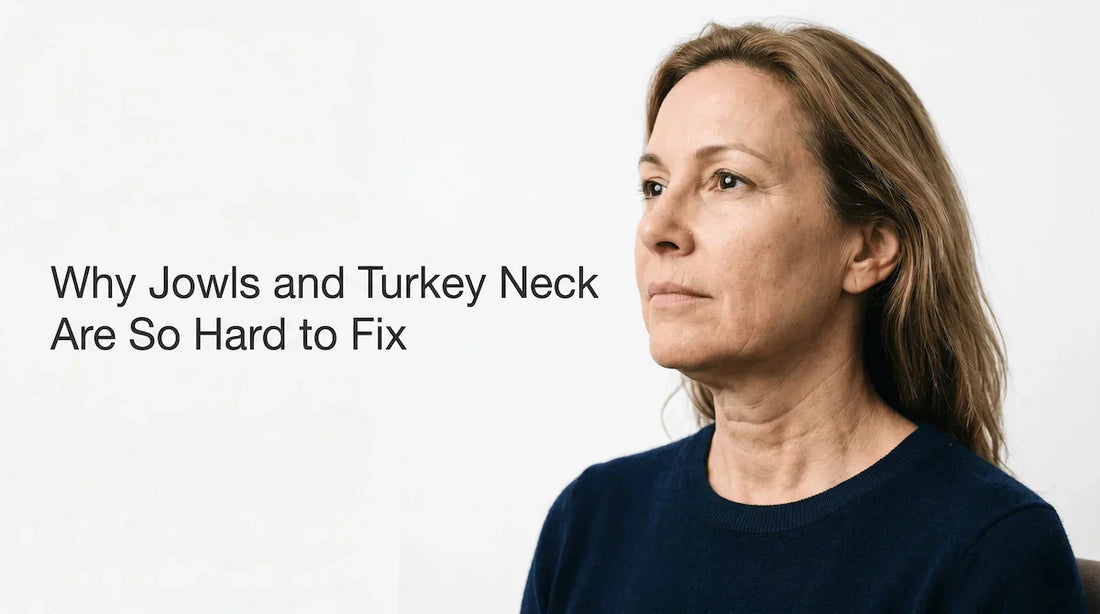 A close-up profile of a woman showing natural signs of aging along the jawline and neck, illustrating the structural causes of jowls and turkey neck.