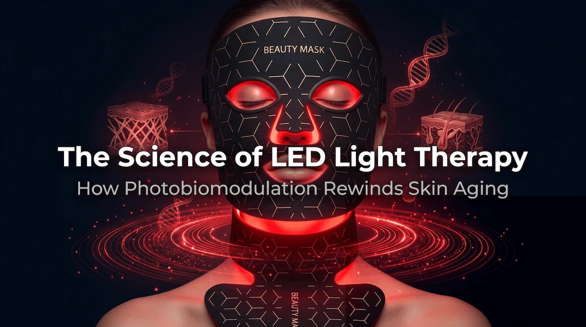 Woman wearing the Elevaure LED light therapy mask emitting red light for cellular skin repair and anti-aging.