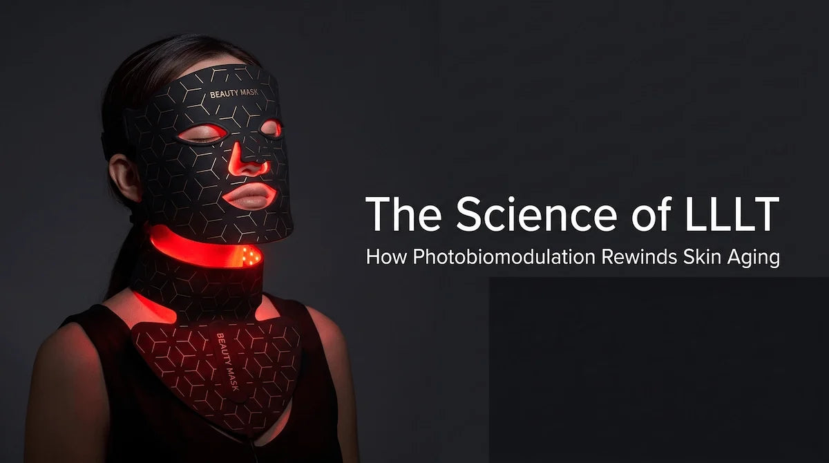 Woman wearing the Elevaure silicone LED mask emitting red light for anti-aging low-level light therapy.