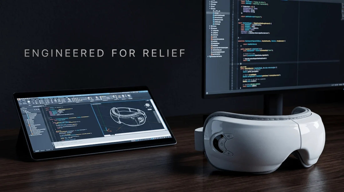 Elevaure smart eye massager resting on an engineer's minimalist desk next to a computer monitor.