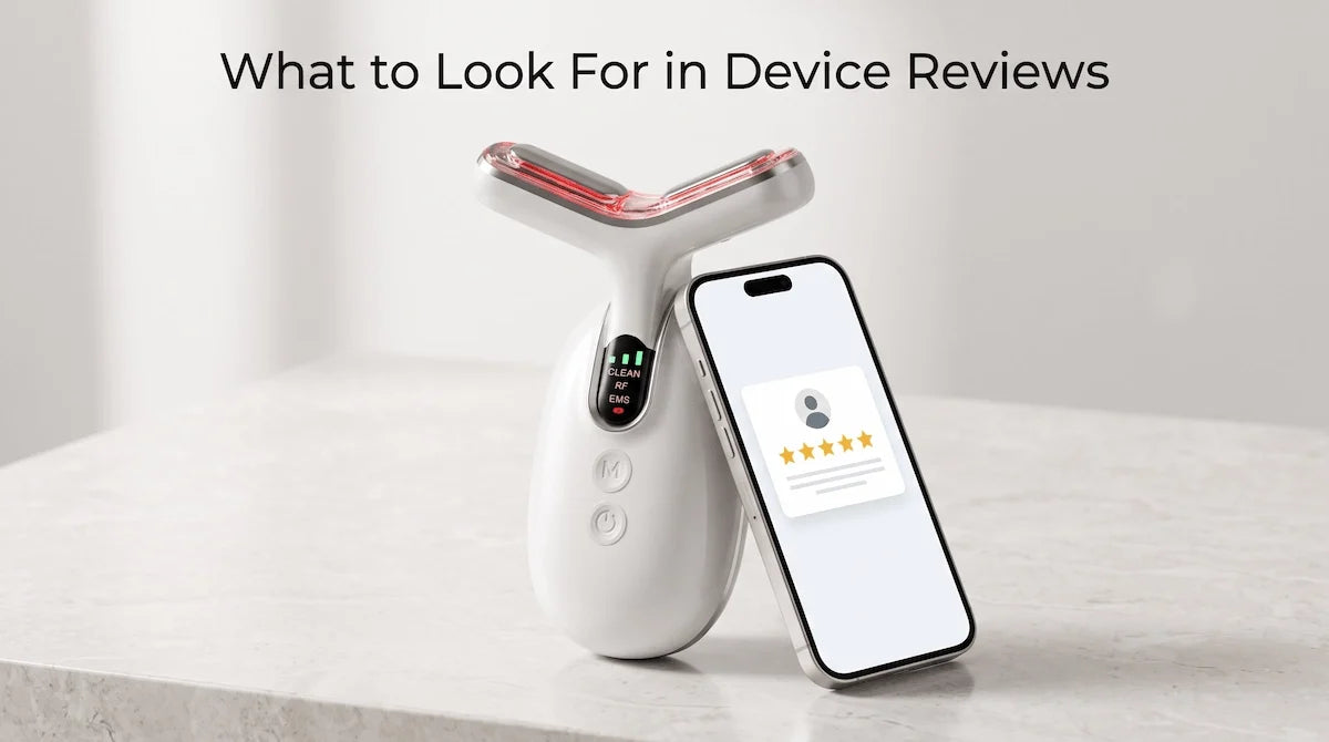 Smartphone showing five-star reviews next to a neck tightening device on a marble counter.