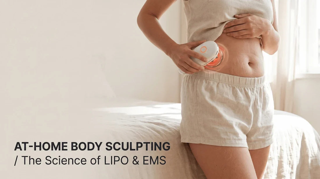 A woman sitting in a sunlit bedroom, holding the Elevaure at home body sculpting device against her lower belly to target postpartum skin laxity.
