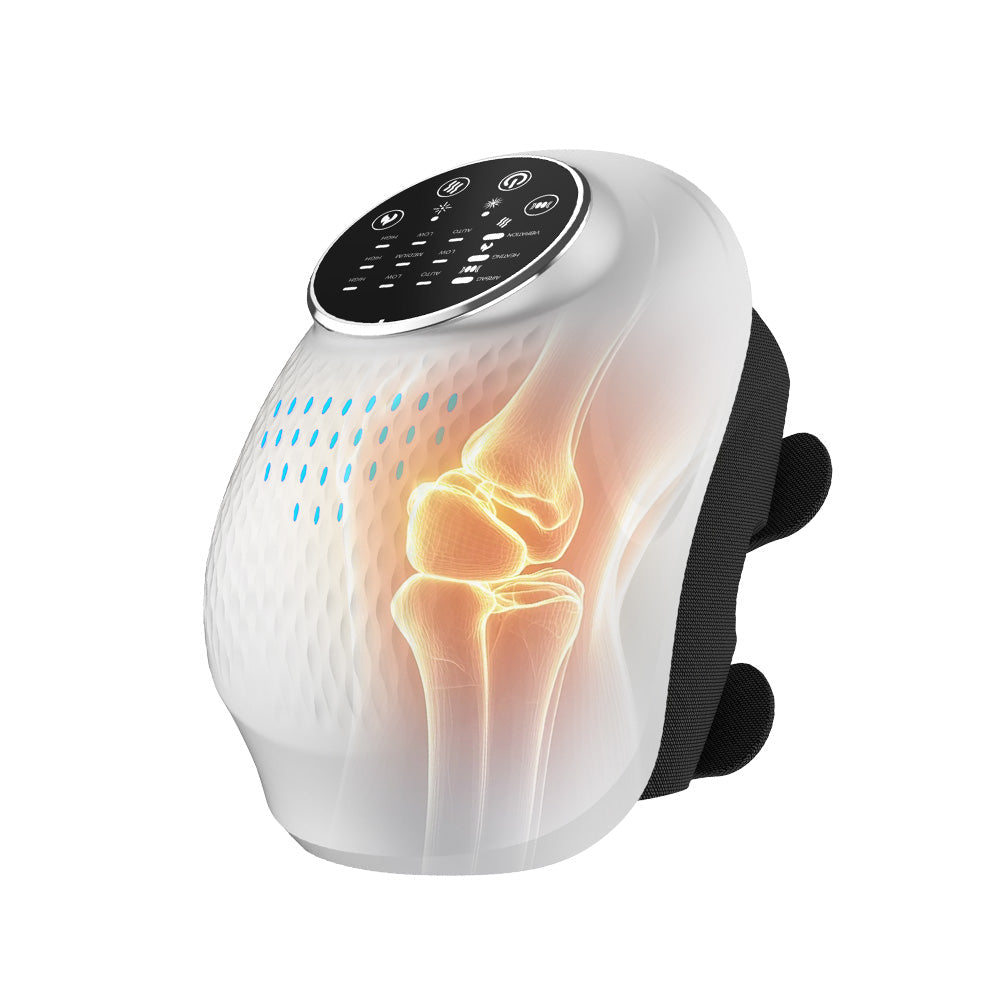 Pearl White ELEVAURE wearable knee massager with heat and 3D airbag compression, shown in use at home.