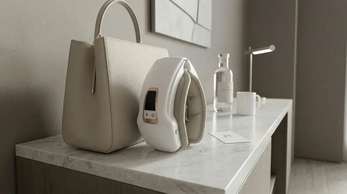 White foldable smart eye massager demonstrating its portable, travel-safe, and easily cleanable hygienic design.