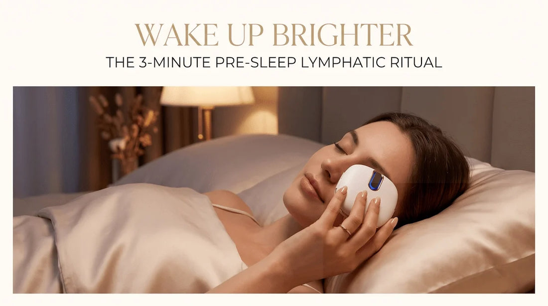 Woman relaxing in bed using the Elevaure eye massager as part of a nightly routine to prevent morning puffy eyes.