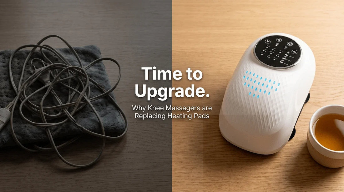 Visual comparison between an outdated corded heating pad and a modern cordless Elevaure knee massager.