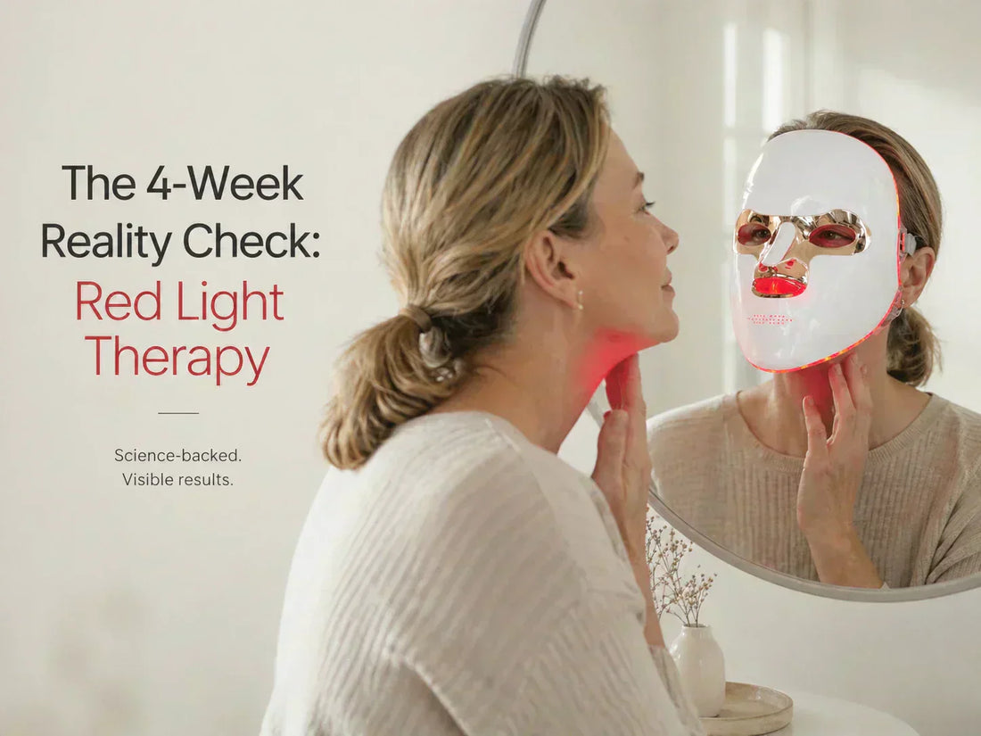 A 40-year-old woman observing her jawline in the mirror, representing the realistic 4-week skin tightening results from using the Elevaure red light therapy mask.