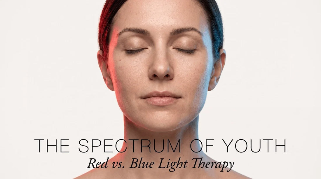 A conceptual beauty portrait of a woman bathed in subtle red and blue light therapy, exploring the benefits of photobiomodulation.