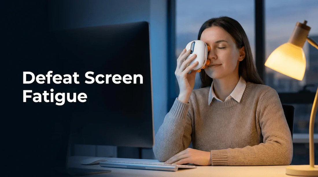 An office worker finding fast eye fatigue relief and eye comfort using a 2-in-1 hydrating massager at their desk.