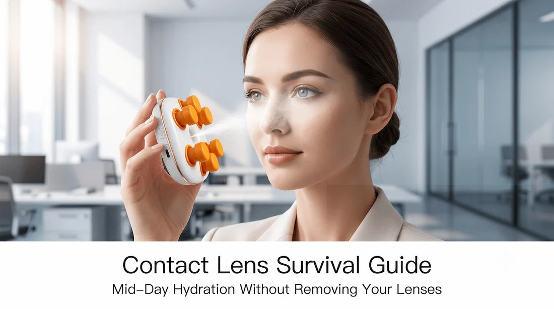 Woman easily hydrating her dry eyes over contact lenses and makeup using the Elevaure nano mist sprayer at her desk.
